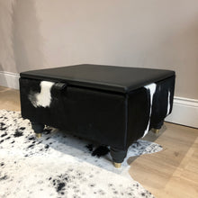 Load image into Gallery viewer, Leather &amp; Cowhide Storage Ottoman / Coffee Table in Black &amp; White
