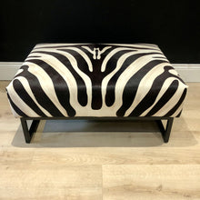 Load image into Gallery viewer, Large Zebra Print Cowhide Ottoman / Footstool on Steel Frame AVAILABLE TO ORDER!!!
