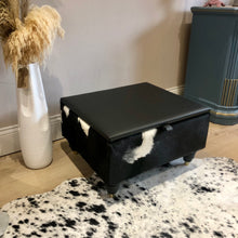 Load image into Gallery viewer, Leather &amp; Cowhide Storage Ottoman / Coffee Table in Black &amp; White
