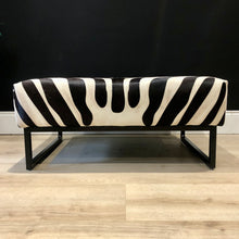 Load image into Gallery viewer, Large Zebra Print Cowhide Ottoman / Footstool on Steel Frame AVAILABLE TO ORDER!!!
