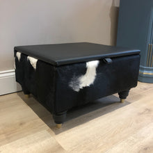 Load image into Gallery viewer, Leather &amp; Cowhide Storage Ottoman / Coffee Table in Black &amp; White
