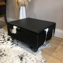 Load image into Gallery viewer, Leather &amp; Cowhide Storage Ottoman / Coffee Table in Black &amp; White
