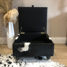 Load image into Gallery viewer, Leather &amp; Cowhide Storage Ottoman / Coffee Table in Black &amp; White
