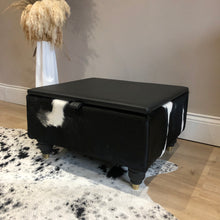 Load image into Gallery viewer, Leather &amp; Cowhide Storage Ottoman / Coffee Table in Black &amp; White
