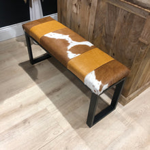 Load image into Gallery viewer, Tan Leather &amp; Cowhide Bench
