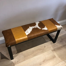 Load image into Gallery viewer, Tan Leather &amp; Cowhide Bench
