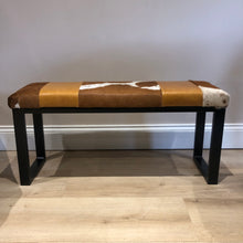 Load image into Gallery viewer, Tan Leather &amp; Cowhide Bench
