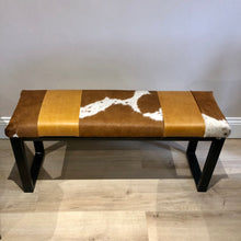 Load image into Gallery viewer, Tan Leather &amp; Cowhide Bench
