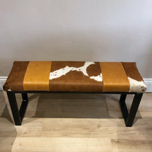 Load image into Gallery viewer, Tan Leather &amp; Cowhide Bench
