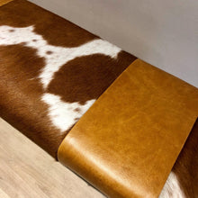 Load image into Gallery viewer, Tan Leather &amp; Cowhide Bench
