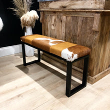 Load image into Gallery viewer, Tan Leather &amp; Cowhide Bench
