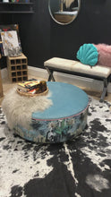 Load and play video in Gallery viewer, Large Circle Ottoman in Tropical Fabric - Dusky Tones - choice of colours available
