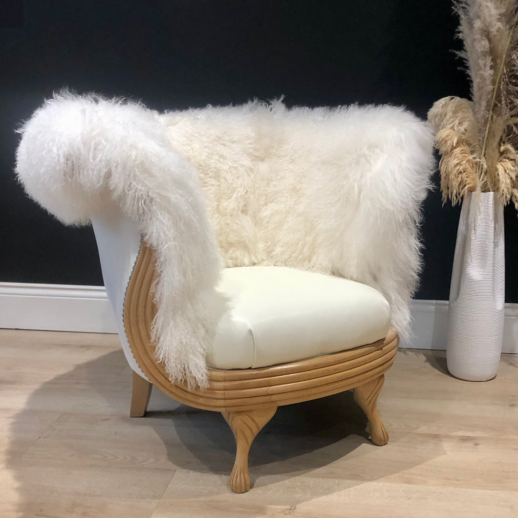 White Mongolian Sheepskin/ Tibetan Lambskin Ornate Chair