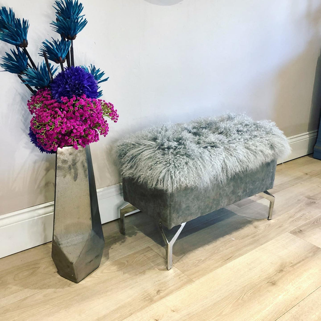 Bespoke Grey Tibetan Lambskin / Mongolian Sheepskin Pouffe