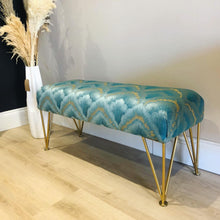 Load image into Gallery viewer, Bespoke Teal / Duck Egg &amp; Gold Fan Fabric Bench : Available to order
